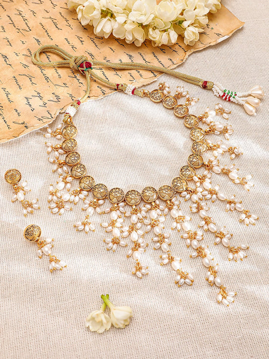 Rubans 22K Gold-Plated Coin Motif Necklace with White Beaded Pearl Dangling