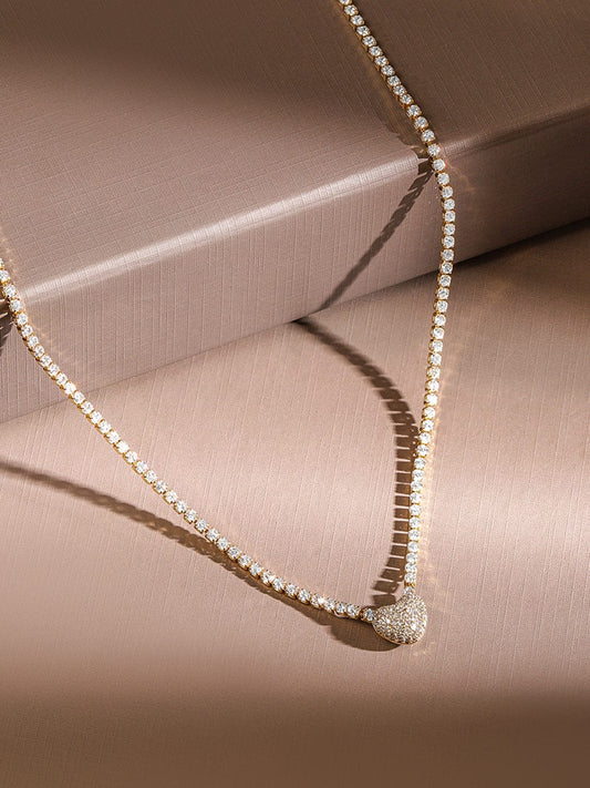 Rubans 22K Gold Plated Crystal Cubic Zirconia Luxe Tennis Necklace with Pav? Heart Pendant