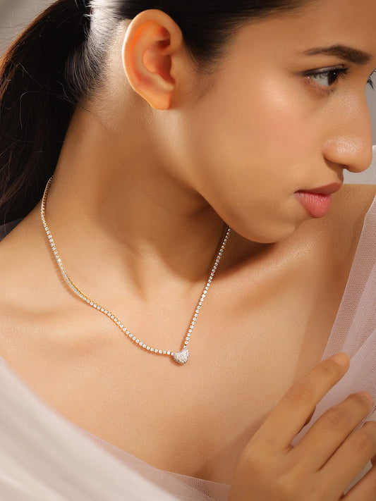 Rubans 22K Gold Plated Crystal Cubic Zirconia Luxe Tennis Necklace with Pav? Heart Pendant