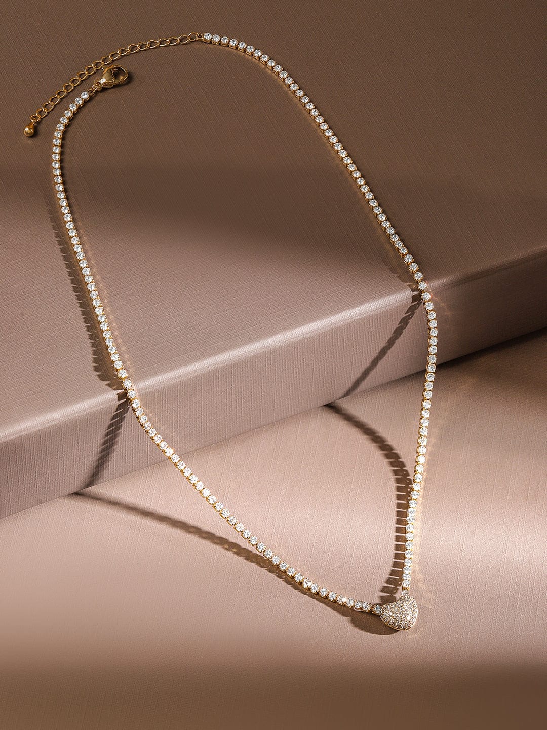 Rubans 22K Gold Plated Crystal Cubic Zirconia Luxe Tennis Necklace with Pav? Heart Pendant
