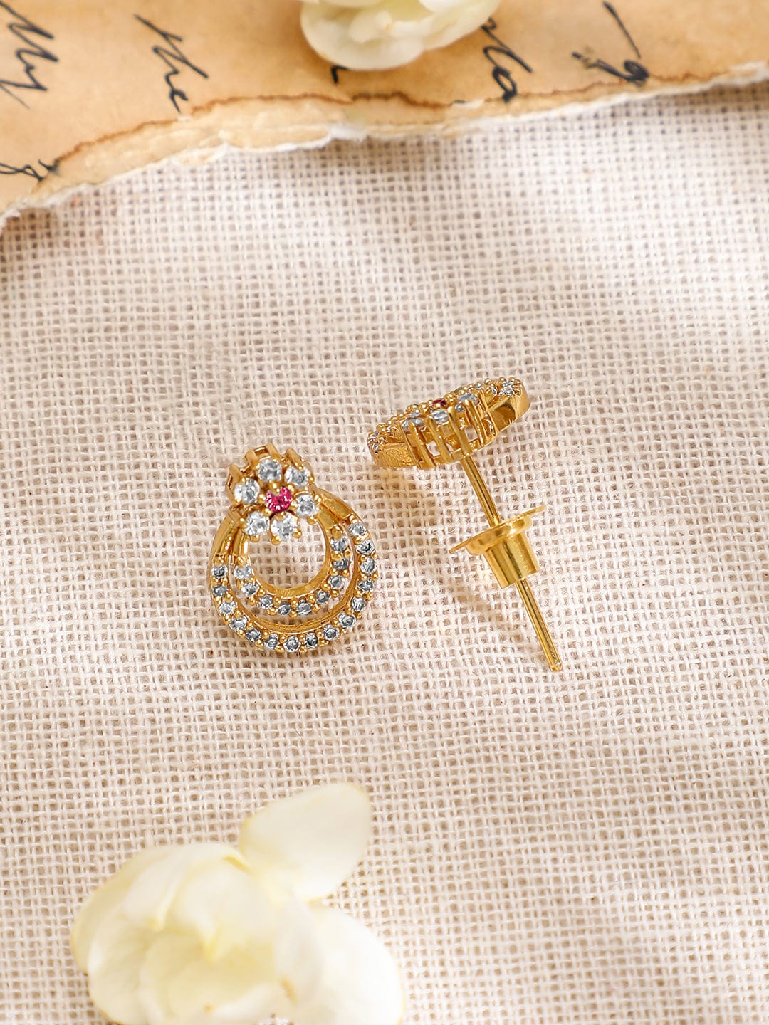 Rubans 22K Gold-Plated Cubic Zirconia & Pink Stone Studded Necklace with Matching Earrings
