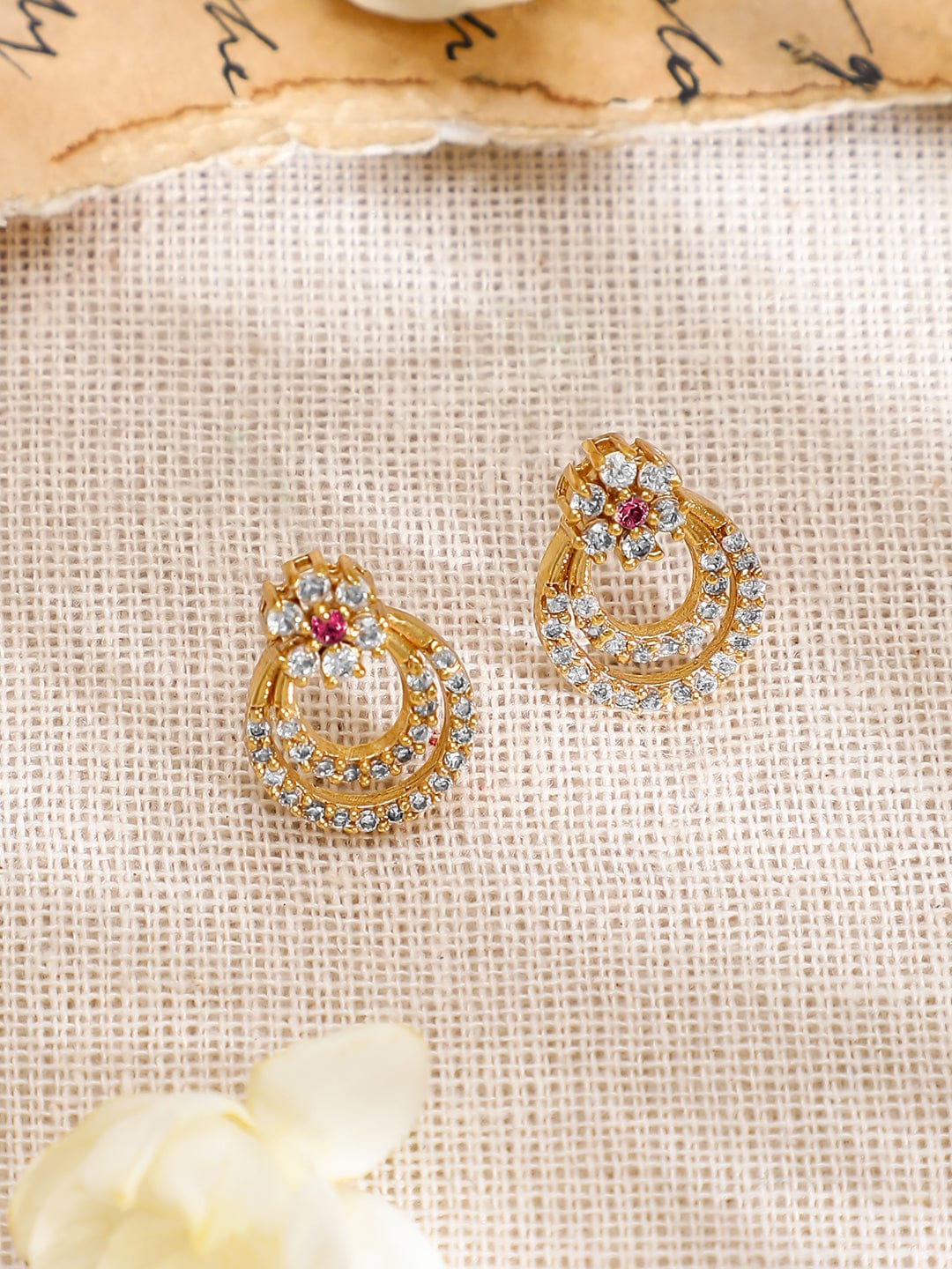 Rubans 22K Gold-Plated Cubic Zirconia & Pink Stone Studded Necklace with Matching Earrings