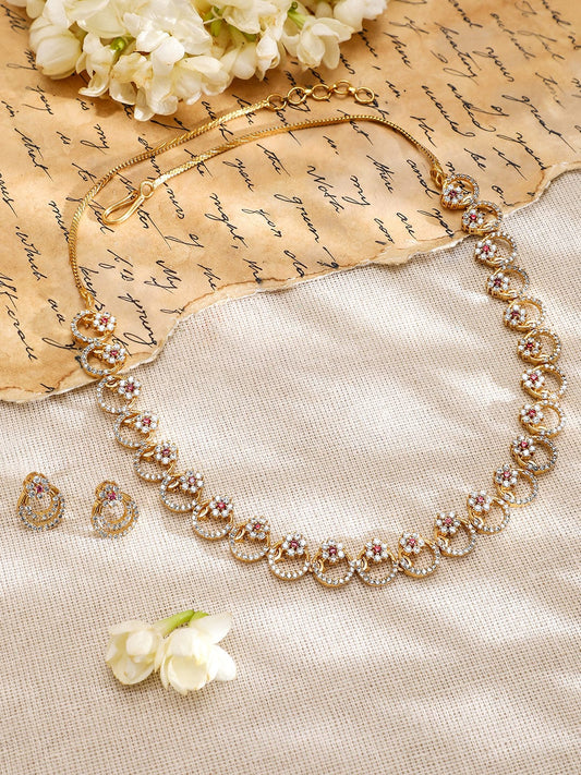 Rubans 22K Gold-Plated Cubic Zirconia & Pink Stone Studded Necklace with Matching Earrings