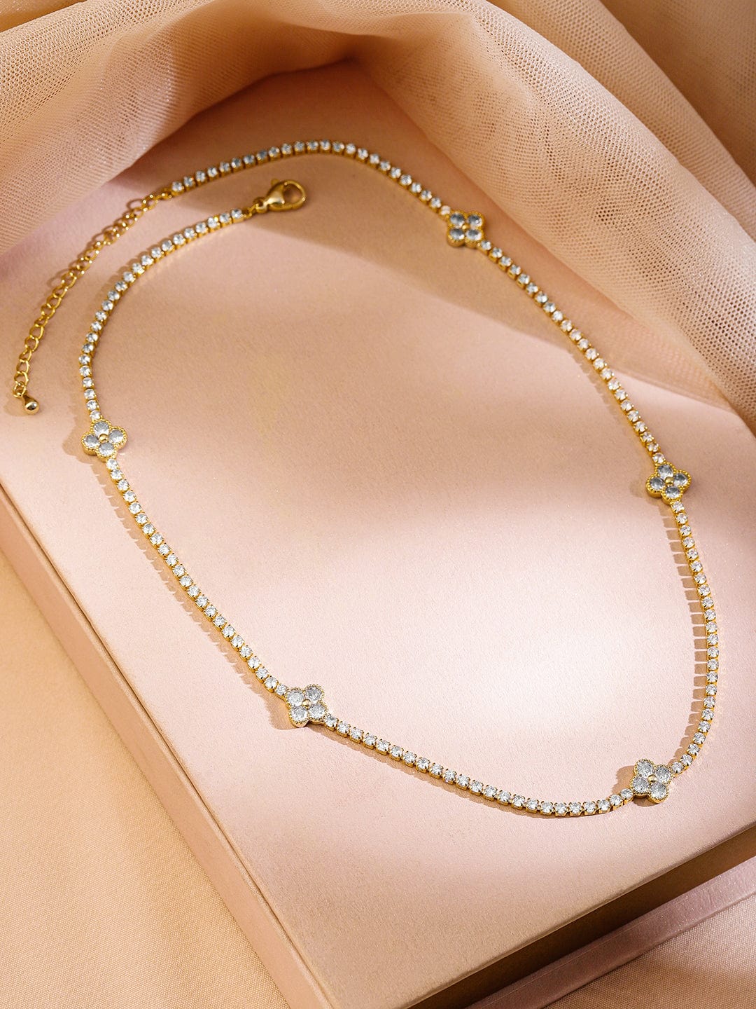 Rubans 22K Gold-Plated Cubic Zirconia Studded Floral Charm Tennis Necklace