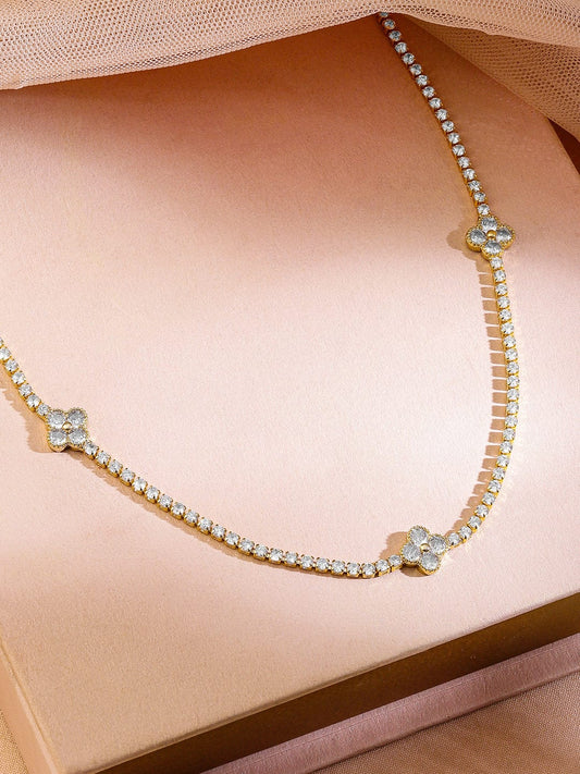 Rubans 22K Gold-Plated Cubic Zirconia Studded Floral Charm Tennis Necklace
