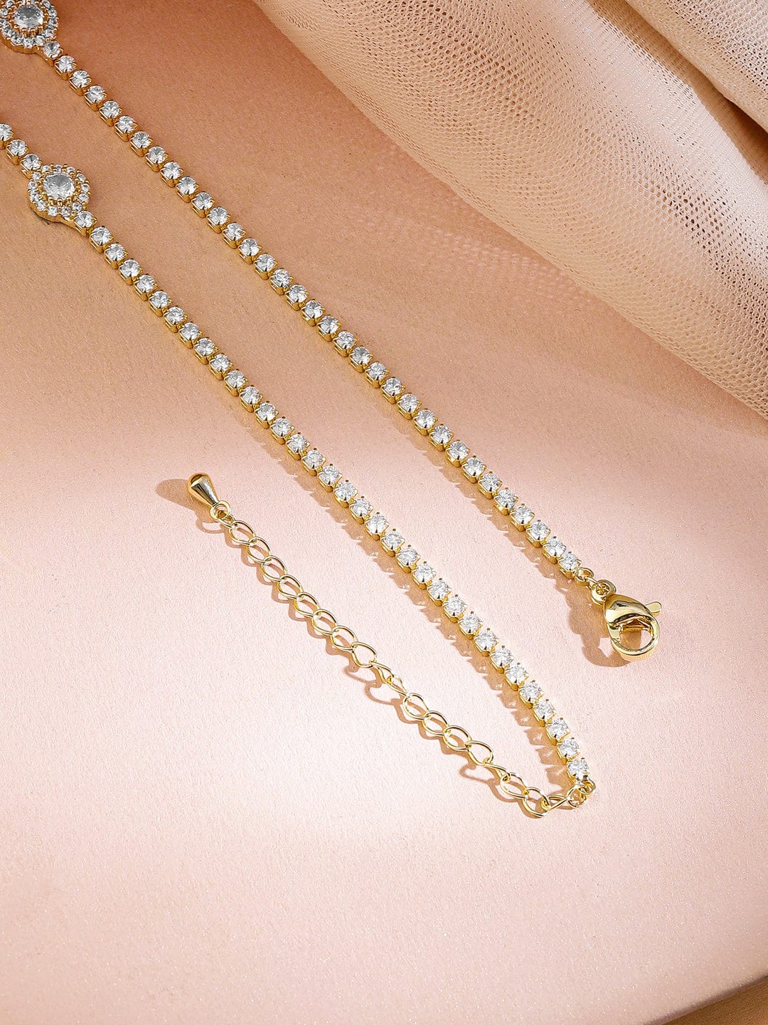 Rubans 22K Gold-Plated Cubic Zirconia Studded Floral Charm Tennis Necklace
