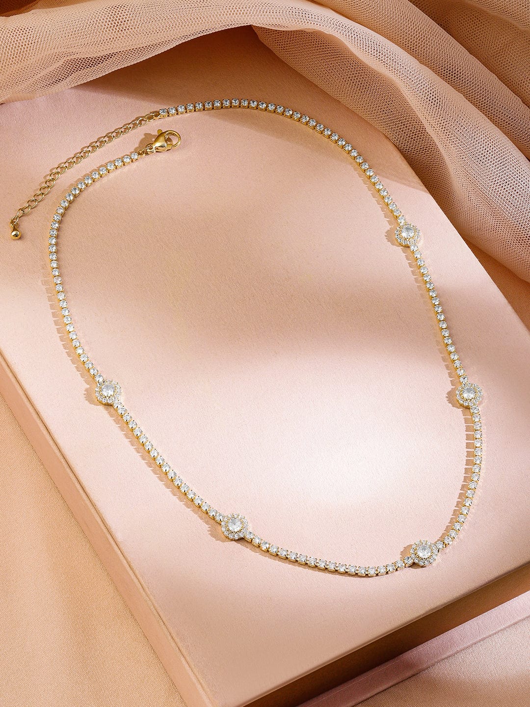 Rubans 22K Gold-Plated Cubic Zirconia Studded Floral Charm Tennis Necklace