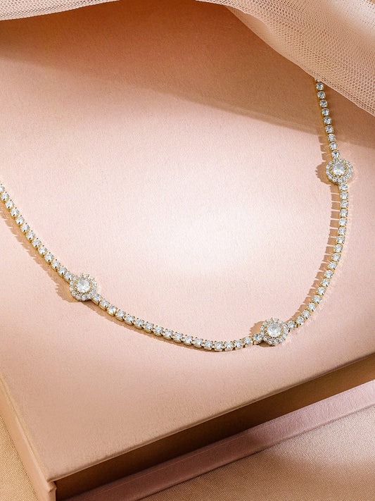 Rubans 22K Gold-Plated Cubic Zirconia Studded Floral Charm Tennis Necklace