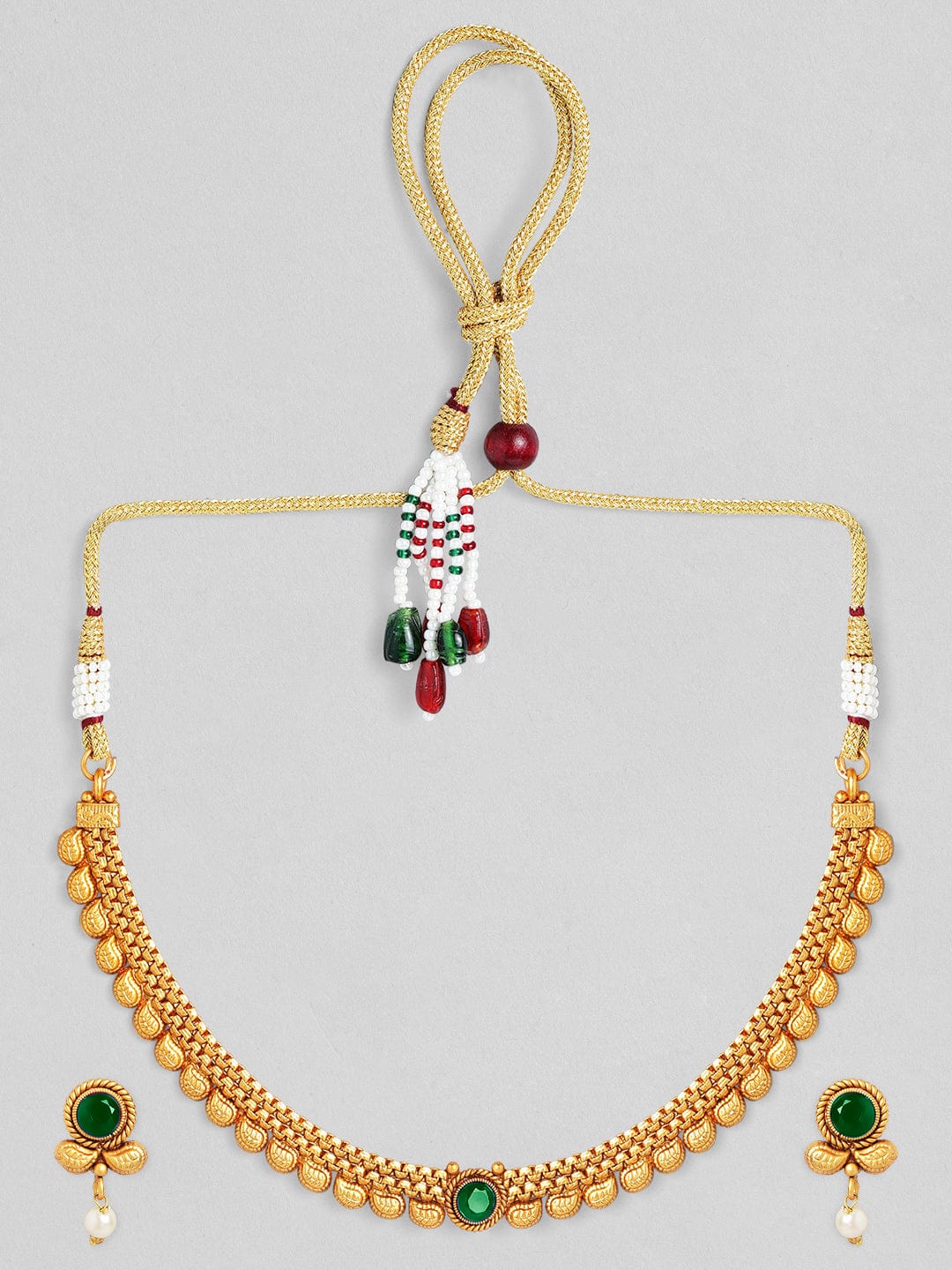 Rubans 22K Gold-Plated Dark Emerald Green Stone & Pearl Beaded Traditional Necklace Set