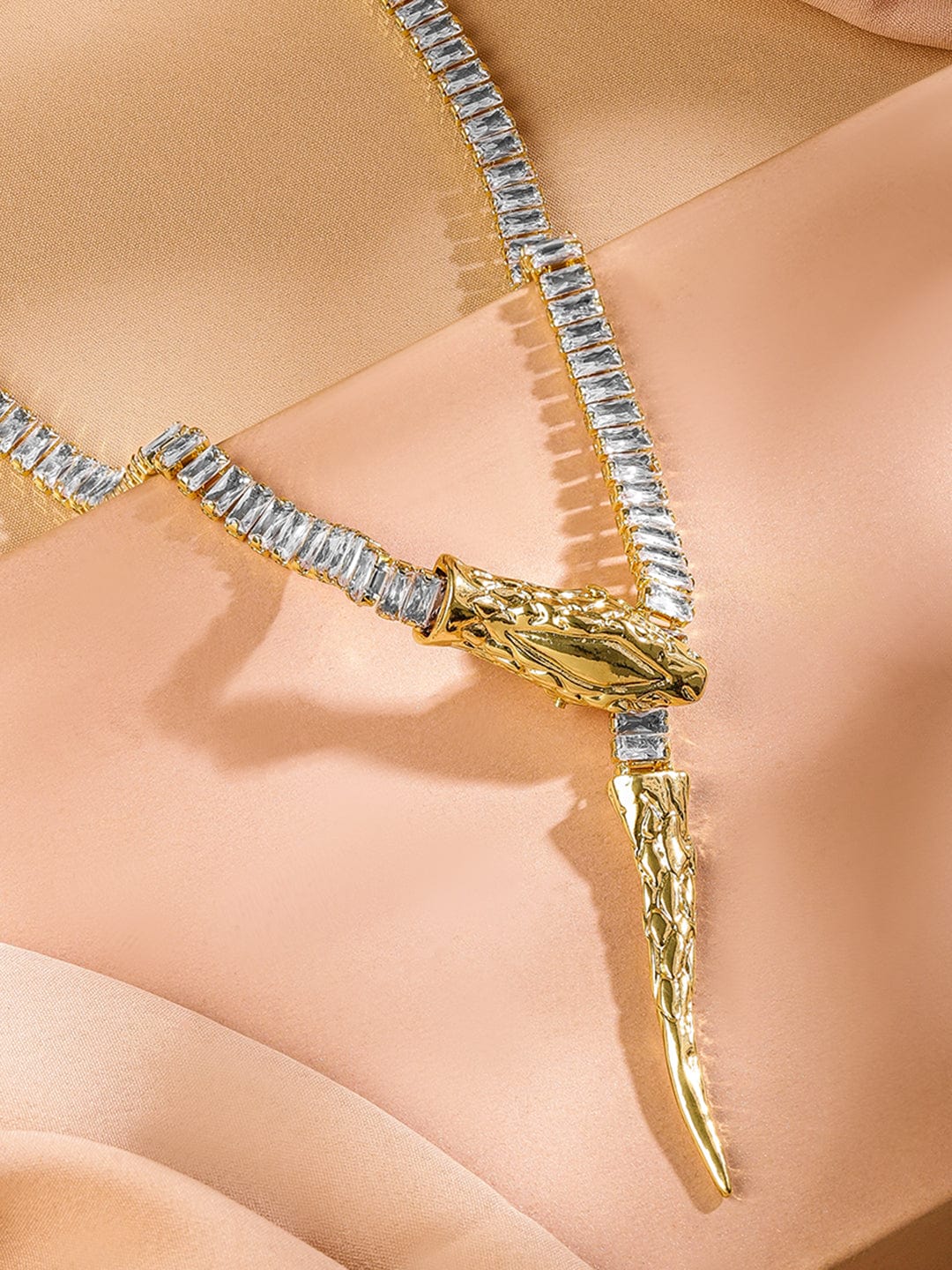 Rubans 22K Gold Plated Demi Fine Bold Dragon Motif Necklace with Crystal Cubic Zirconia