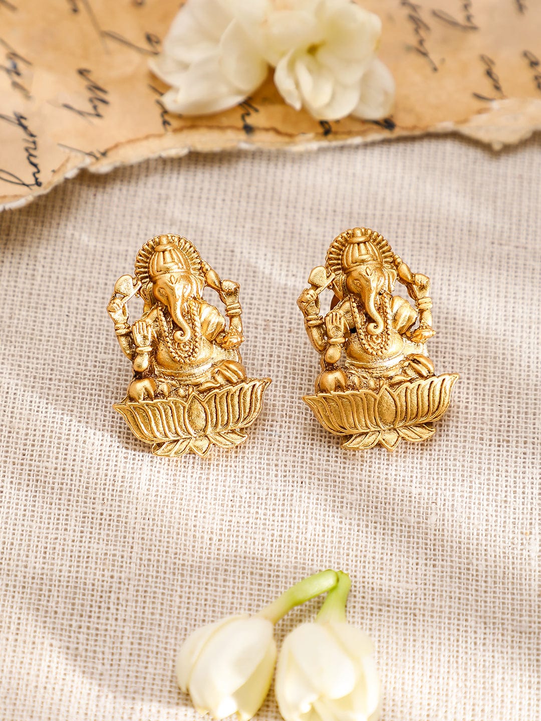 Rubans 22K Gold-Plated Divine Ganesh Motif Necklace Set with Textured Traditional Chain