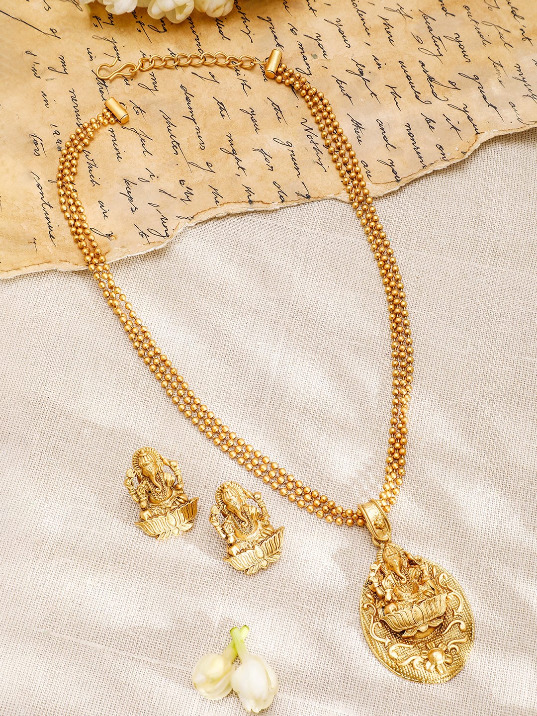 Rubans 22K Gold-Plated Divine Ganesh Motif Necklace Set with Textured Traditional Chain