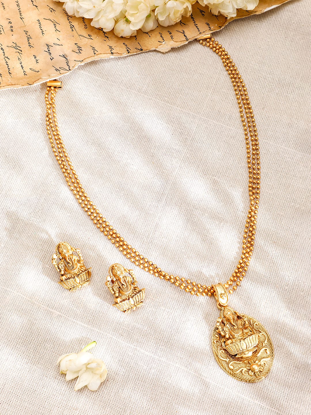 Rubans 22K Gold-Plated Divine Ganesh Motif Necklace Set with Textured Traditional Chain
