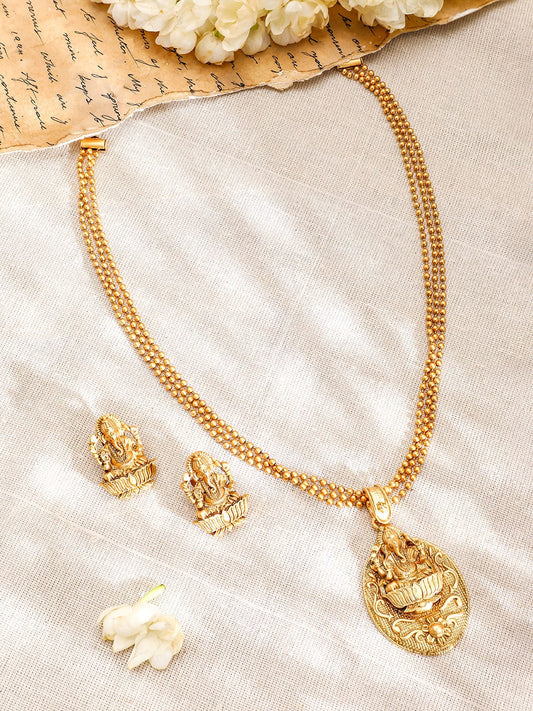 Rubans 22K Gold-Plated Divine Ganesh Motif Necklace Set with Textured Traditional Chain