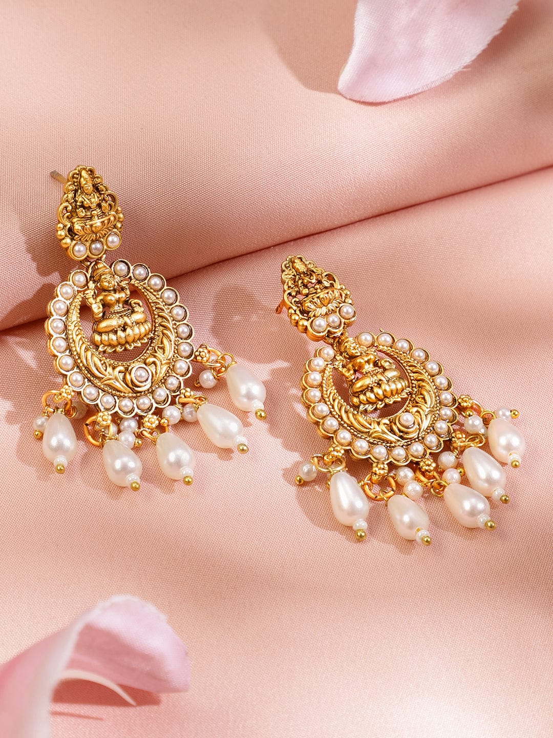 Rubans 22K Gold-Plated Divine Lakshmi Temple Choker Necklace Set with White Pearl Drops