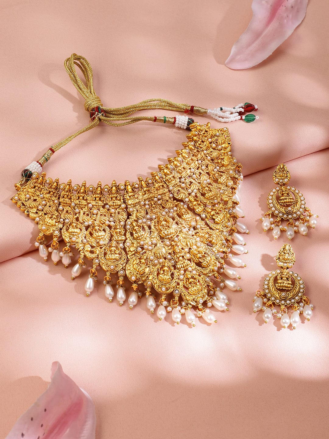 Rubans 22K Gold-Plated Divine Lakshmi Temple Choker Necklace Set with White Pearl Drops