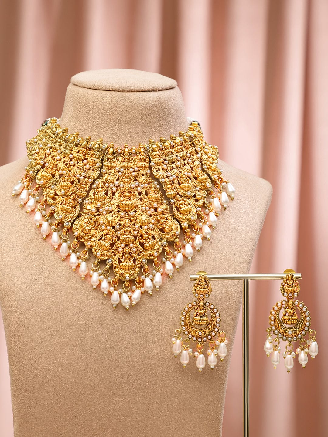 Rubans 22K Gold-Plated Divine Lakshmi Temple Choker Necklace Set with White Pearl Drops