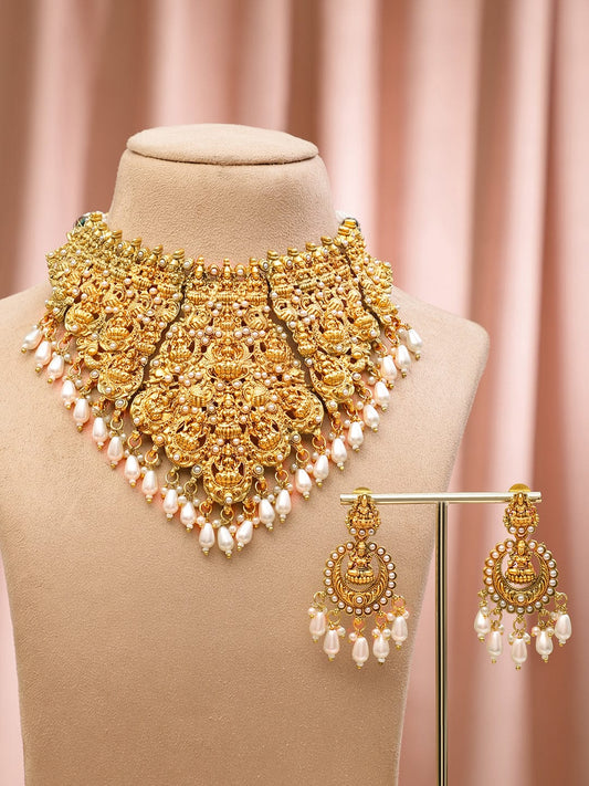Rubans 22K Gold-Plated Divine Lakshmi Temple Choker Necklace Set with White Pearl Drops