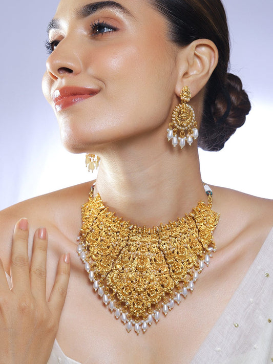 Rubans 22K Gold-Plated Divine Lakshmi Temple Choker Necklace Set with White Pearl Drops