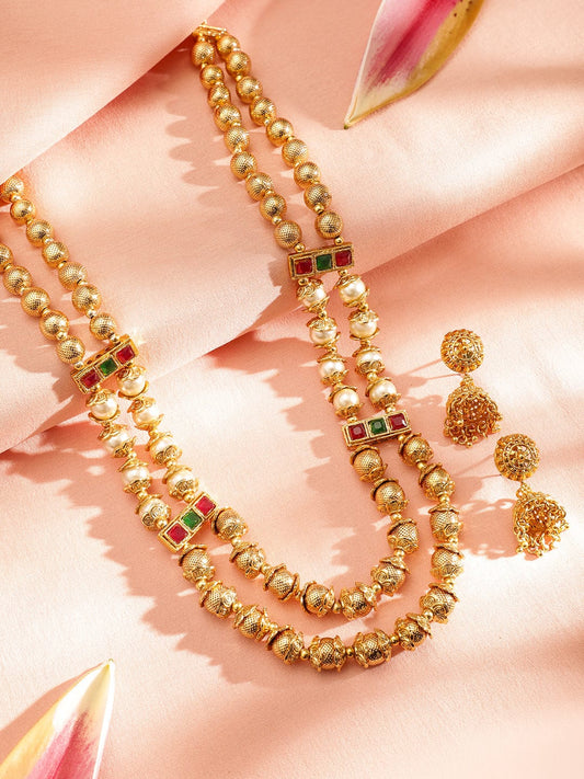 Rubans 22K Gold-Plated Double Layer Temple Necklace Set with Ruby, Green Kundan & Pearl Beads