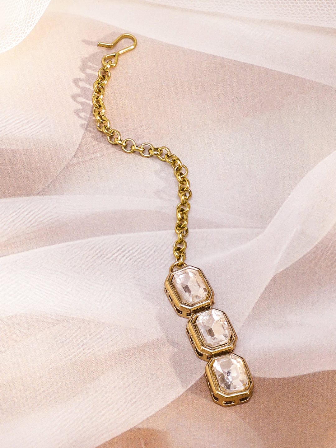 Rubans 22K Gold-Plated Double Layer White Kundan Studded Statement Necklace Set with Earrings & Maangtikka