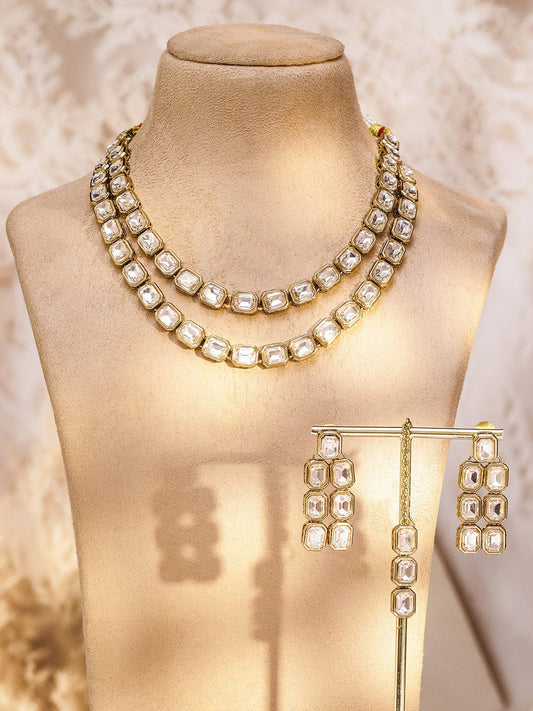 Rubans 22K Gold-Plated Double Layer White Kundan Studded Statement Necklace Set with Earrings & Maangtikka