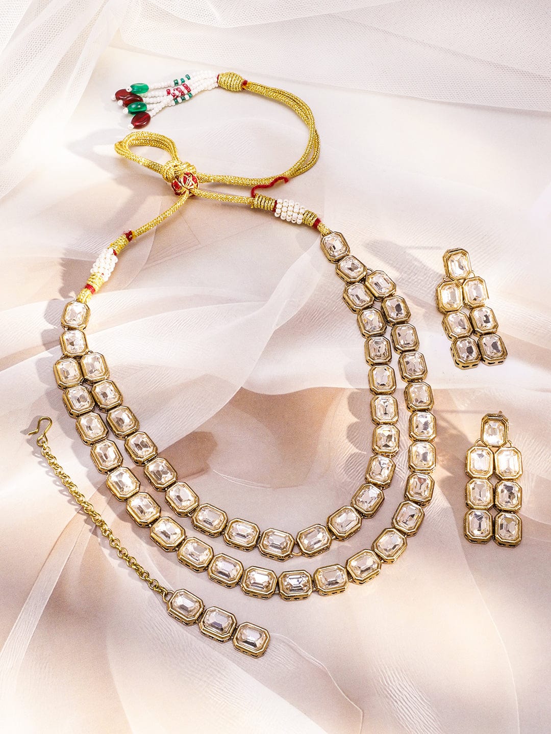 Rubans 22K Gold-Plated Double Layer White Kundan Studded Statement Necklace Set with Earrings & Maangtikka