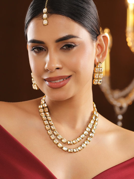 Rubans 22K Gold-Plated Double Layer White Kundan Studded Statement Necklace Set with Earrings & Maangtikka