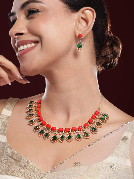 Rubans 22K Gold-Plated Orange & Emerald Dark Green Stones with Cubic Zirconia Necklace Set