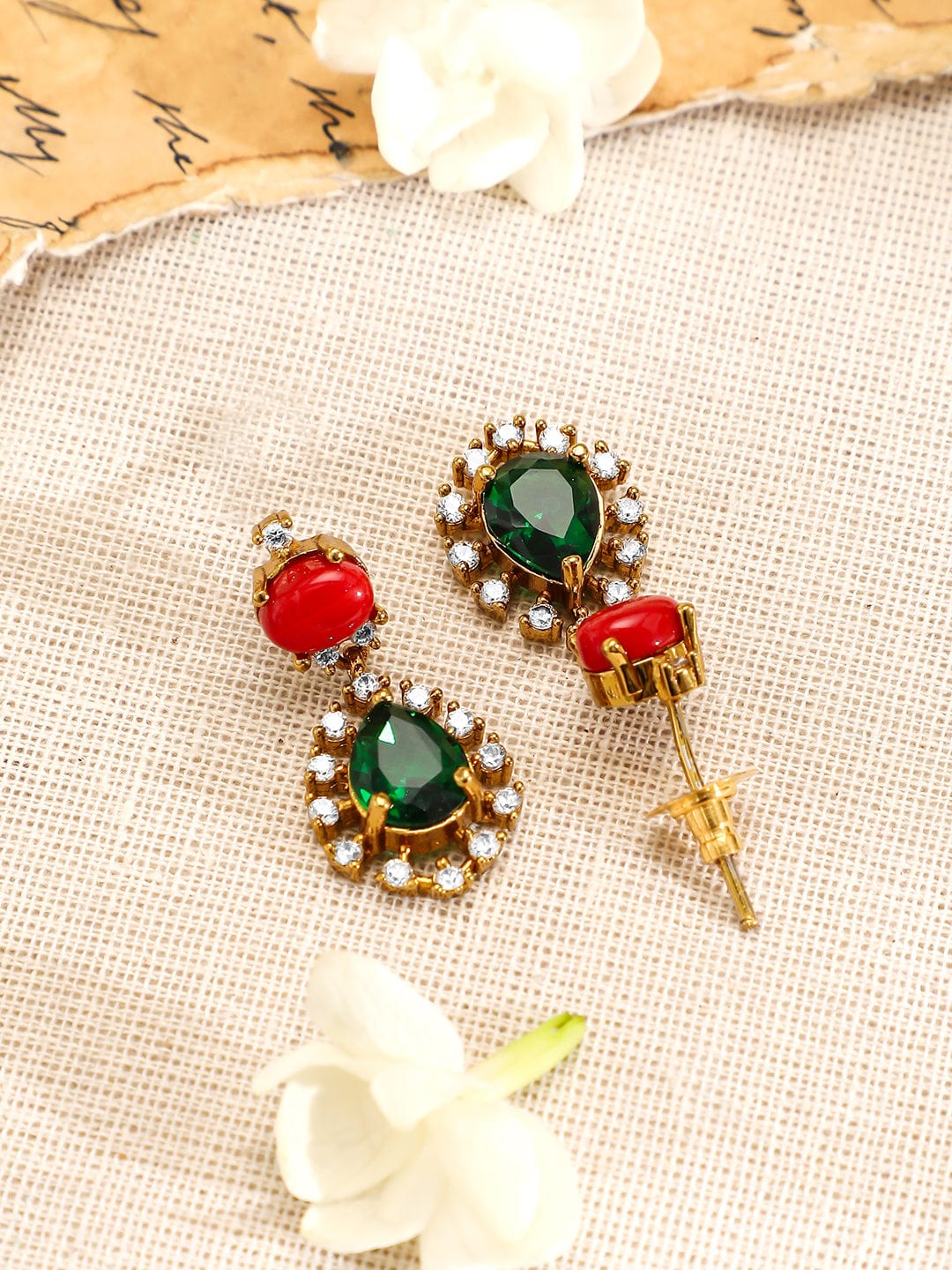 Rubans 22K Gold-Plated Orange & Emerald Dark Green Stones with Cubic Zirconia Necklace Set