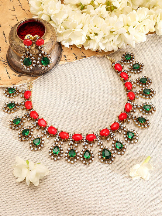 Rubans 22K Gold-Plated Orange & Emerald Dark Green Stones with Cubic Zirconia Necklace Set