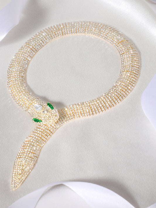 Rubans 22K Gold-Plated Emerald & Cubic Zirconia Studded Serpent Statement Necklace