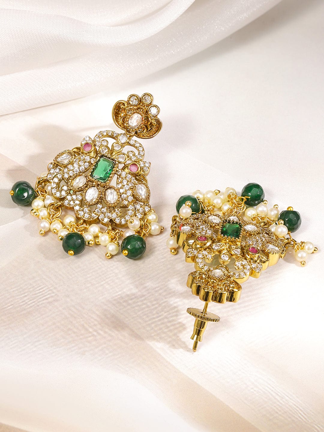 Rubans 22K Gold-Plated Emerald Green & Cubic Zirconia Studded Long Necklace Set with Emerald Green & White Pearls Beaded Accents