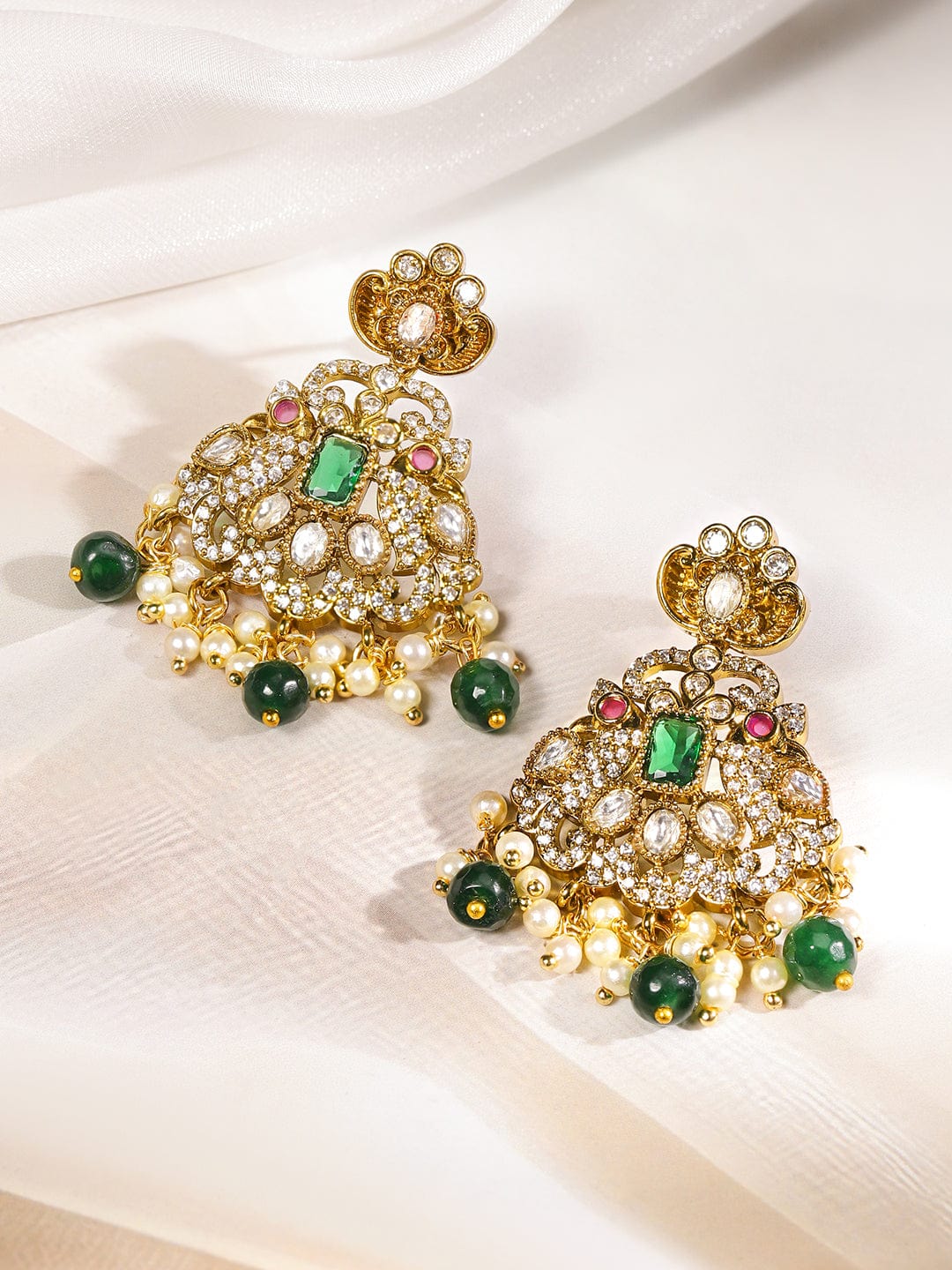 Rubans 22K Gold-Plated Emerald Green & Cubic Zirconia Studded Long Necklace Set with Emerald Green & White Pearls Beaded Accents