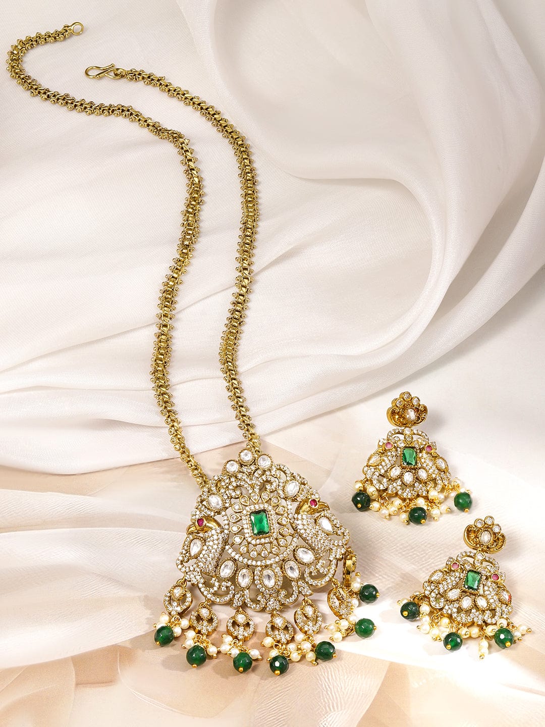 Rubans 22K Gold-Plated Emerald Green & Cubic Zirconia Studded Long Necklace Set with Emerald Green & White Pearls Beaded Accents