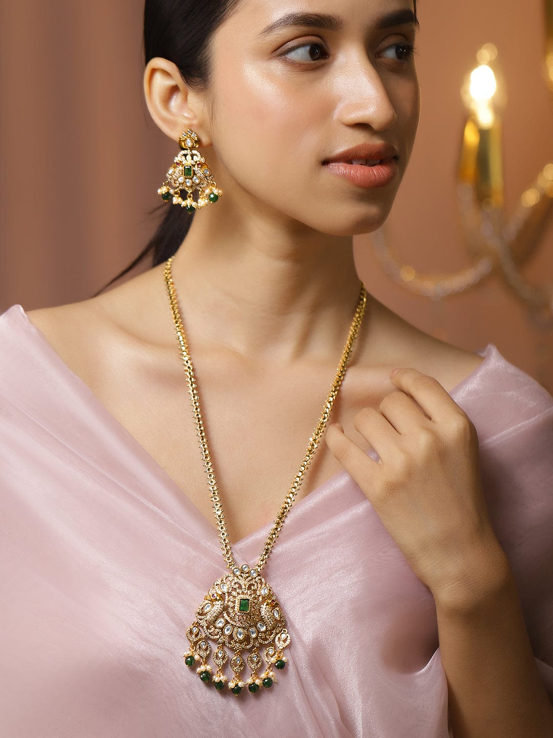 Rubans 22K Gold-Plated Emerald Green & Cubic Zirconia Studded Long Necklace Set with Emerald Green & White Pearls Beaded Accents