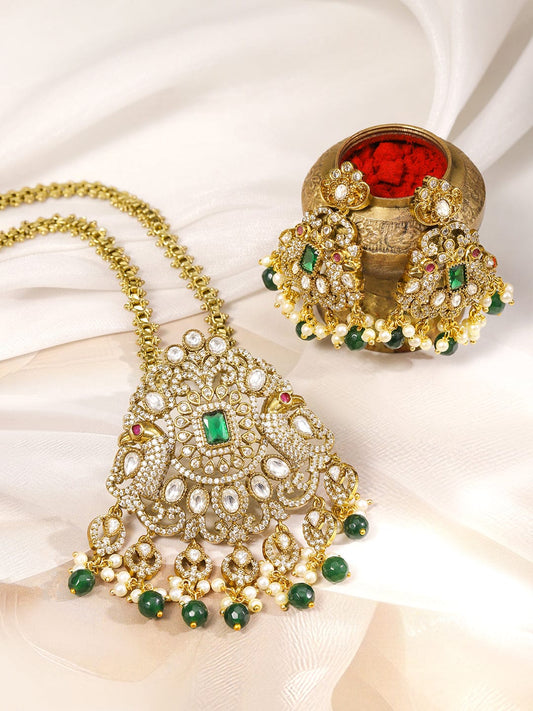 Rubans 22K Gold-Plated Emerald Green & Cubic Zirconia Studded Long Necklace Set with Emerald Green & White Pearls Beaded Accents
