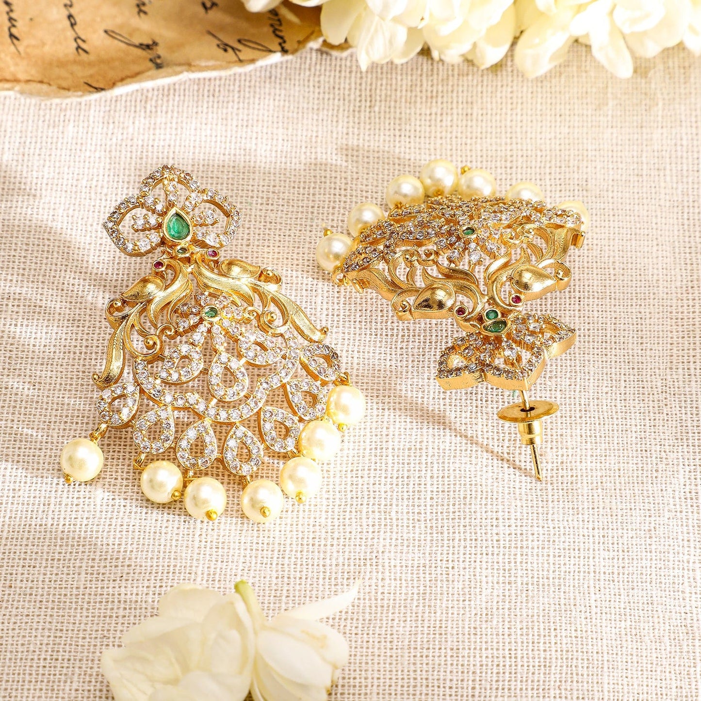 Rubans 22K Gold-Plated Emerald Green & Cubic Zirconia Studded Necklace Set with Pearl Accents