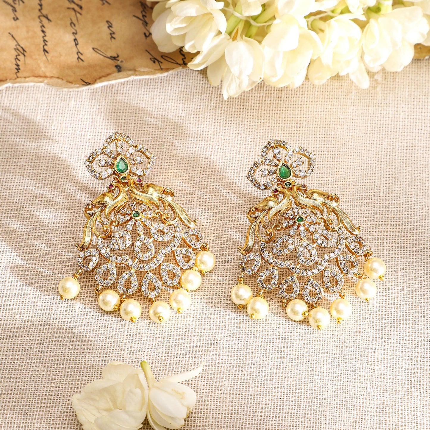 Rubans 22K Gold-Plated Emerald Green & Cubic Zirconia Studded Necklace Set with Pearl Accents