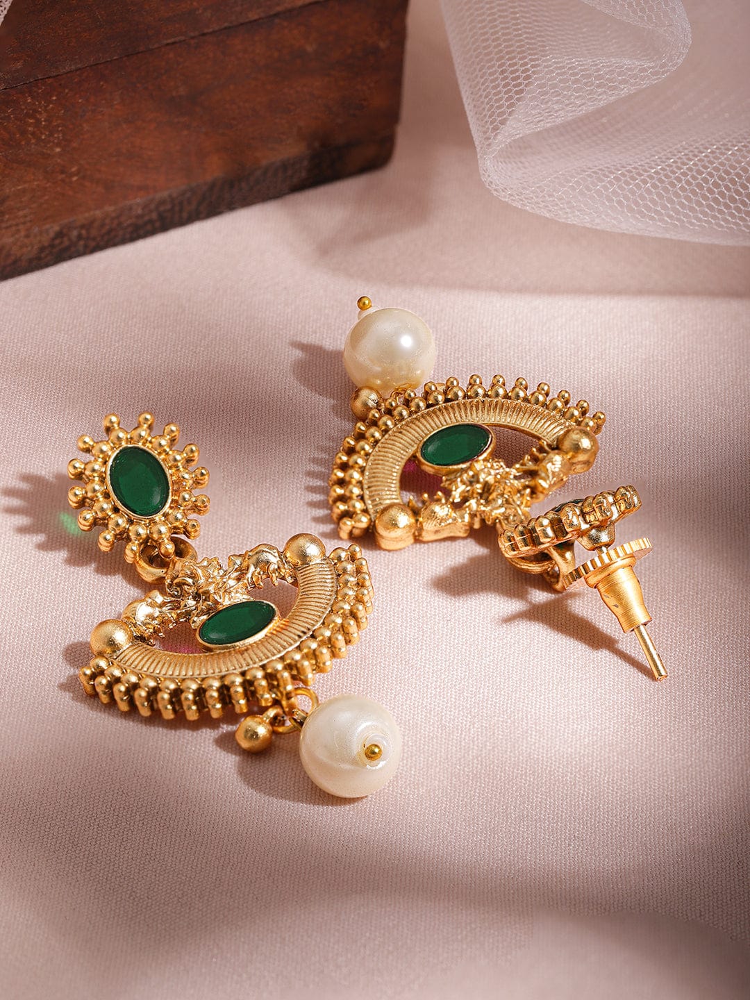 Rubans 22K Gold-Plated Emerald Green & Pearl Beaded Statement Necklace Set with Earrings