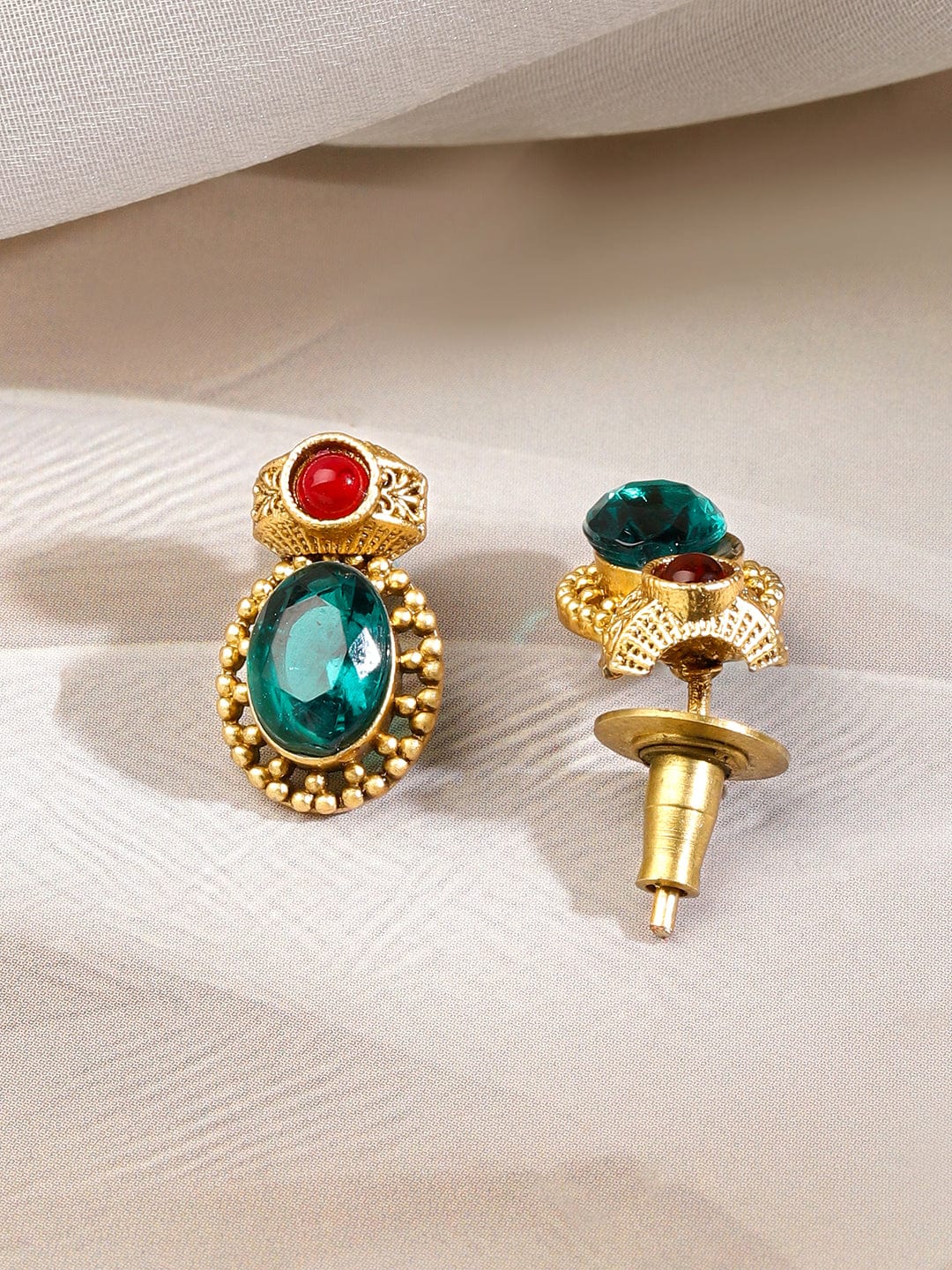 Rubans 22K Gold-Plated Emerald Green & Ruby Red Stone-Studded Adjustable Necklace Set