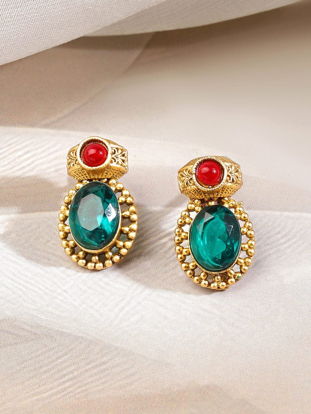Rubans 22K Gold-Plated Emerald Green & Ruby Red Stone-Studded Adjustable Necklace Set