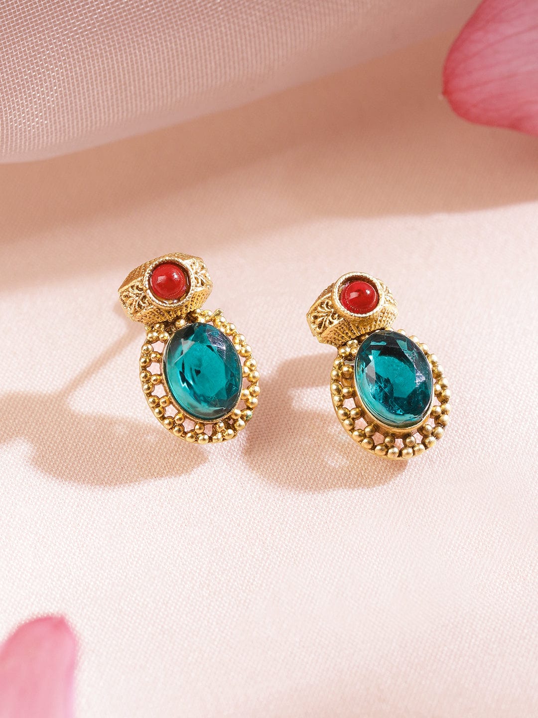 Rubans 22K Gold-Plated Emerald Green & Ruby Red Stone-Studded Adjustable Necklace Set