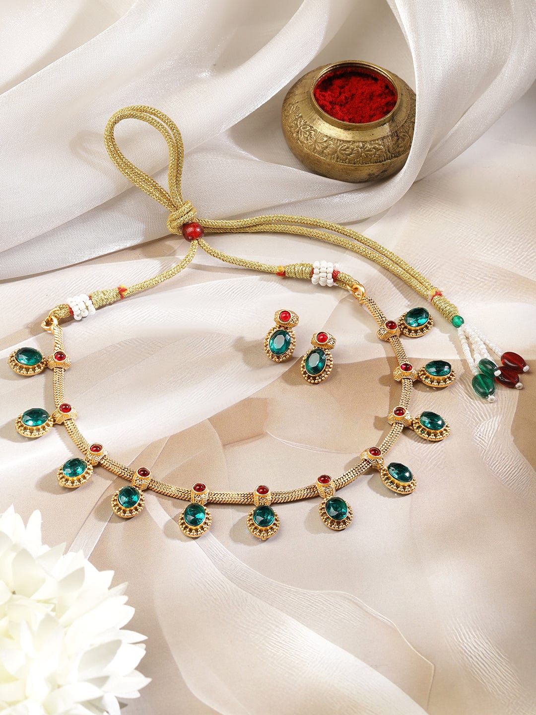 Rubans 22K Gold-Plated Emerald Green & Ruby Red Stone-Studded Adjustable Necklace Set