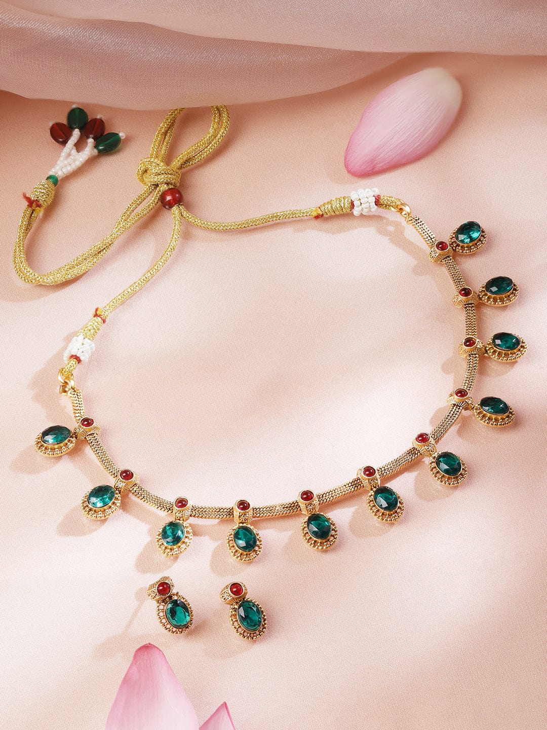 Rubans 22K Gold-Plated Emerald Green & Ruby Red Stone-Studded Adjustable Necklace Set