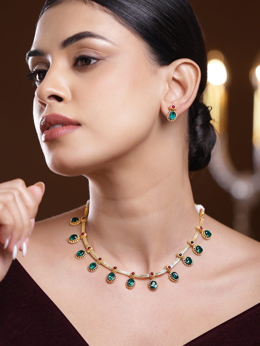 Rubans 22K Gold-Plated Emerald Green & Ruby Red Stone-Studded Adjustable Necklace Set