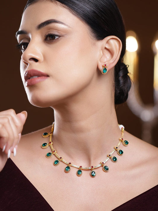 Rubans 22K Gold-Plated Emerald Green & Ruby Red Stone-Studded Adjustable Necklace Set