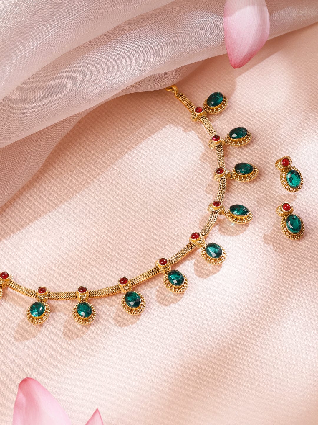 Rubans 22K Gold-Plated Emerald Green & Ruby Red Stone-Studded Adjustable Necklace Set
