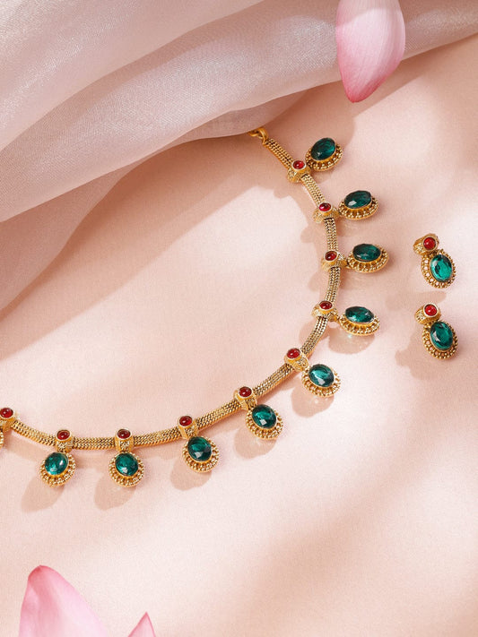 Rubans 22K Gold-Plated Emerald Green & Ruby Red Stone-Studded Adjustable Necklace Set