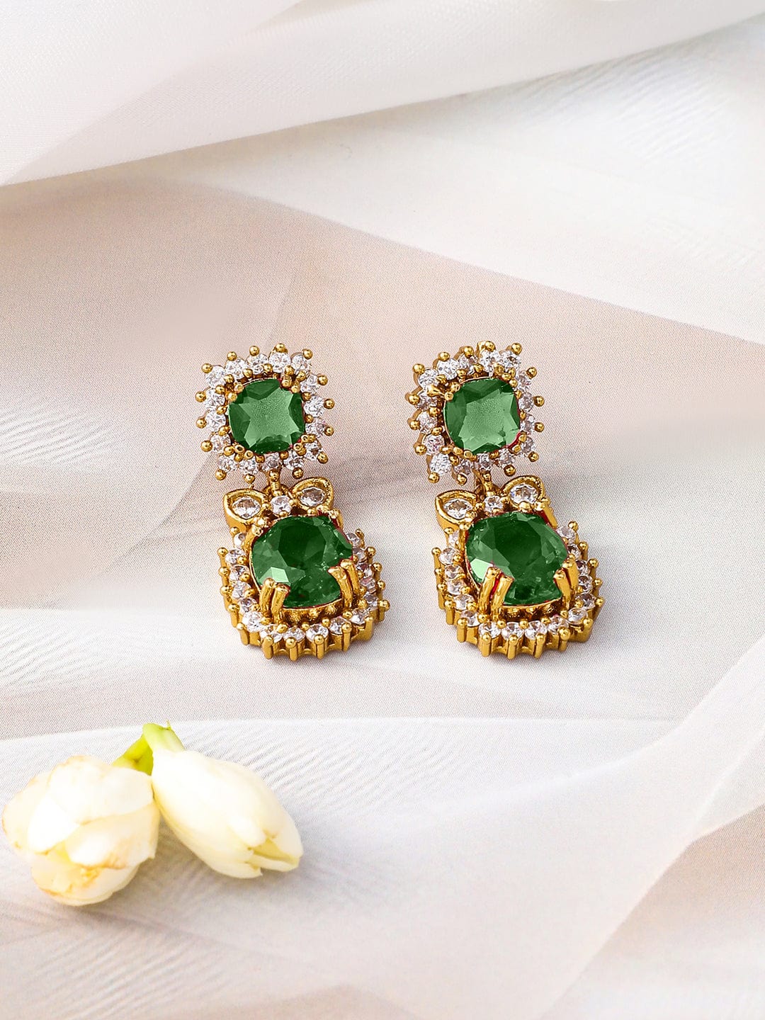 Rubans 22K Gold-Plated Emerald Green Stone & Sparkling Cubic Zirconia Studded Necklace Set